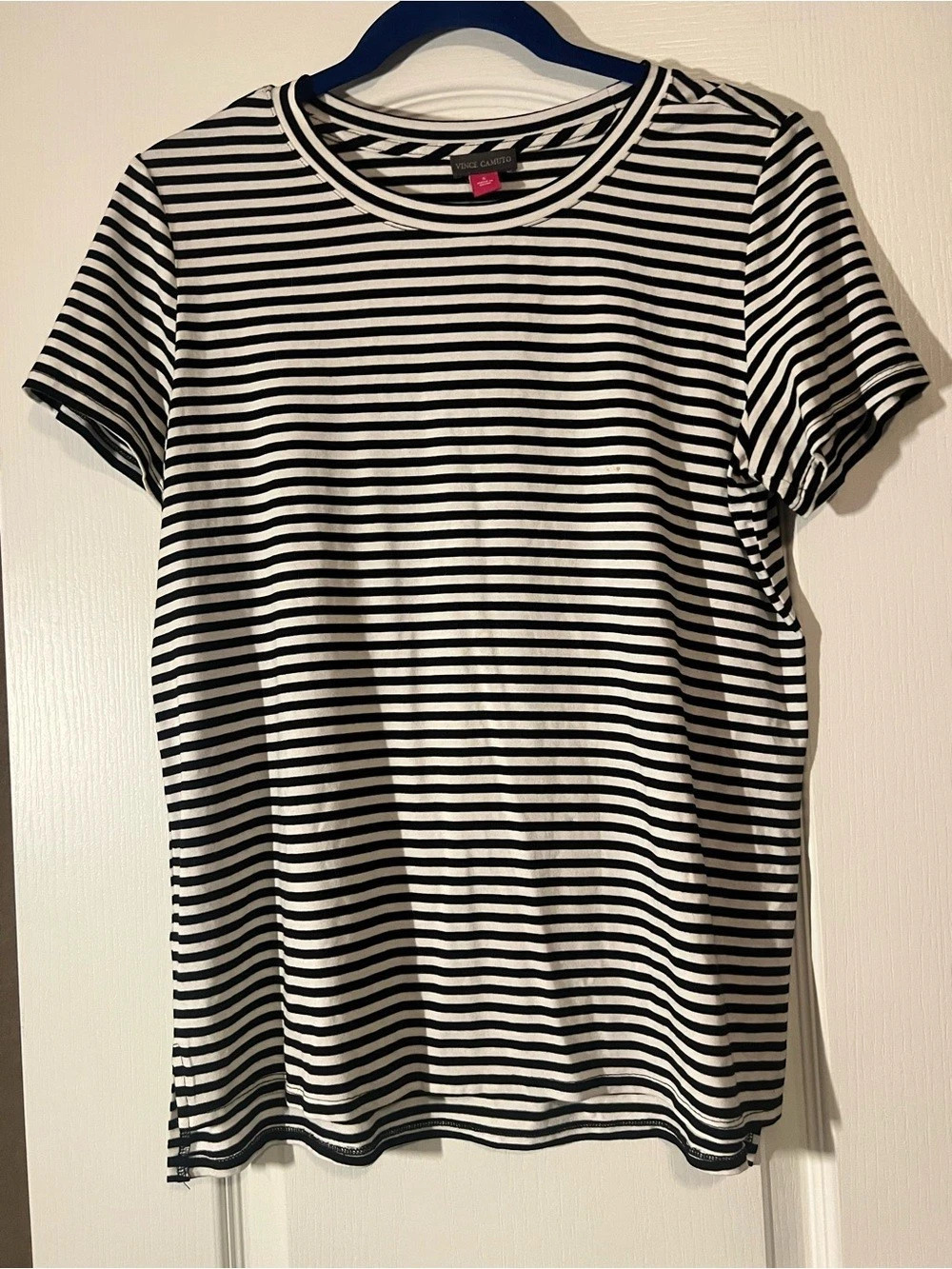 Vince Camuto Stripe Polished Knit T-Shirt Black & White Small